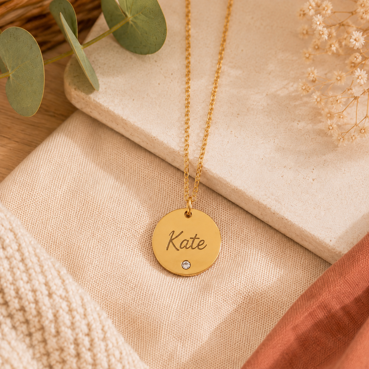 Collier médaille ronde personnalisé avec strass – 3 coloris