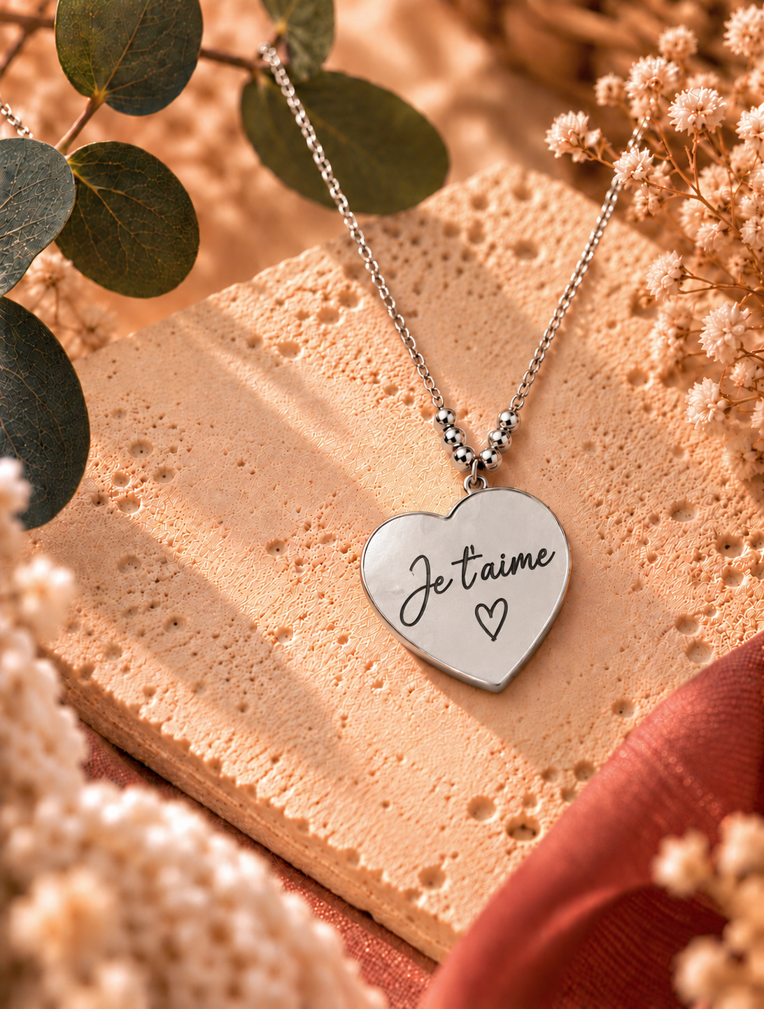 Collier cœur argenté personnalisé avec gravure « Je t’aime » sur pendentif, présenté sur une pierre beige avec fleurs séchées – Atelier Dénésis.