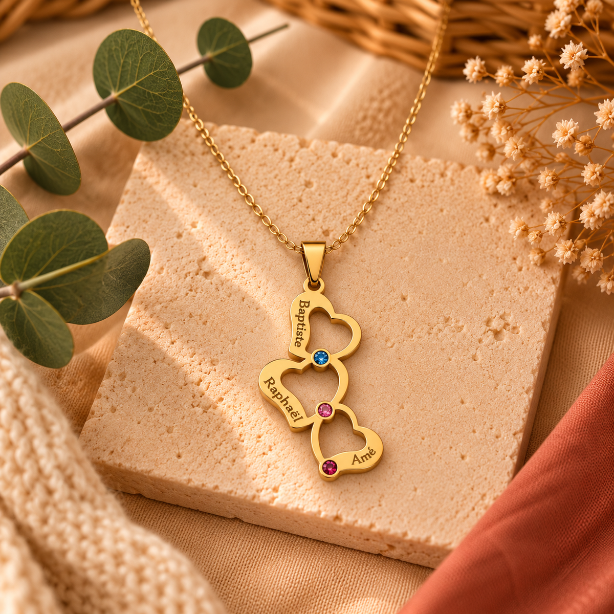Collier doré trois cœurs personnalisé avec trois prénoms gravés