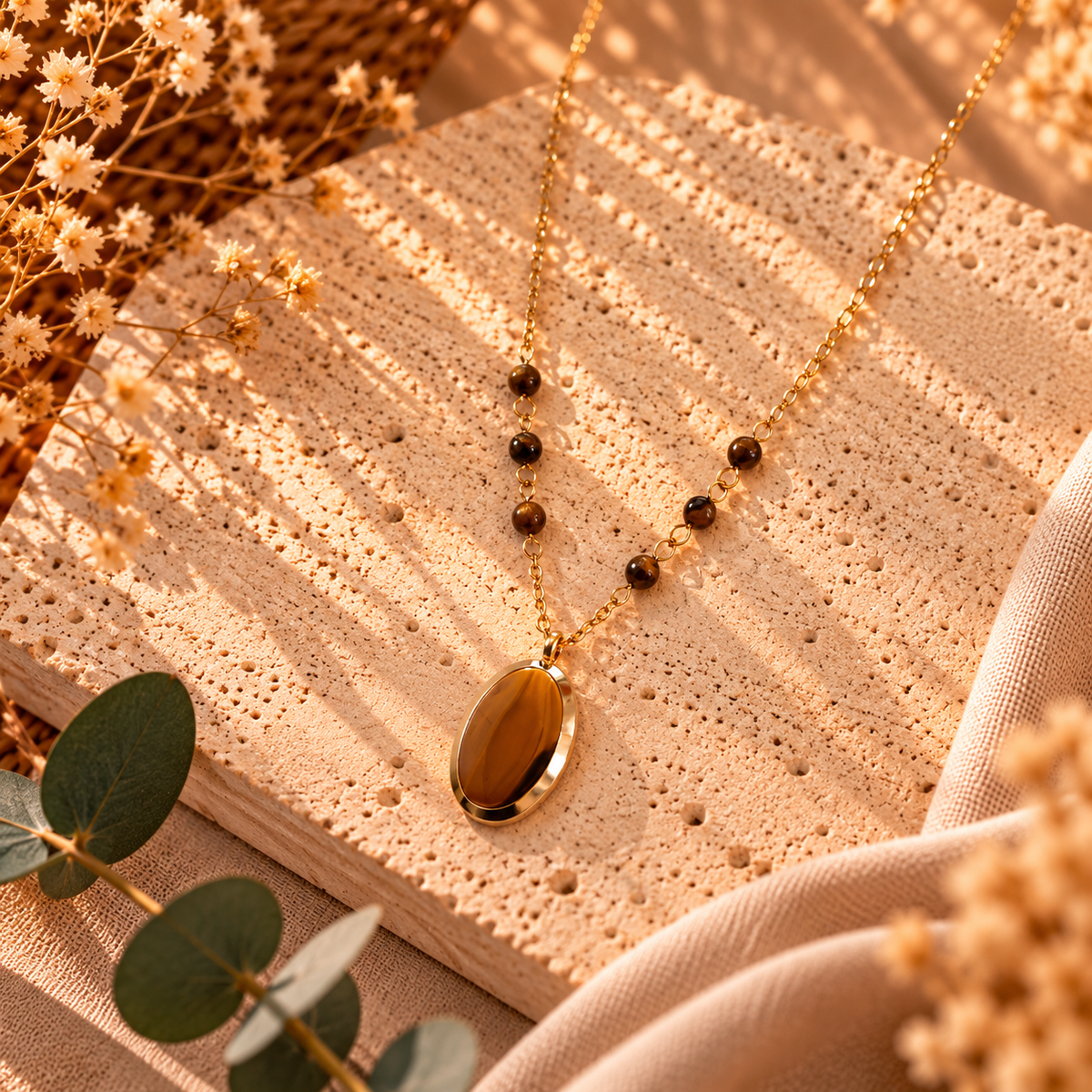 Collier personnalisé à graver – Pendentif ovale et perles