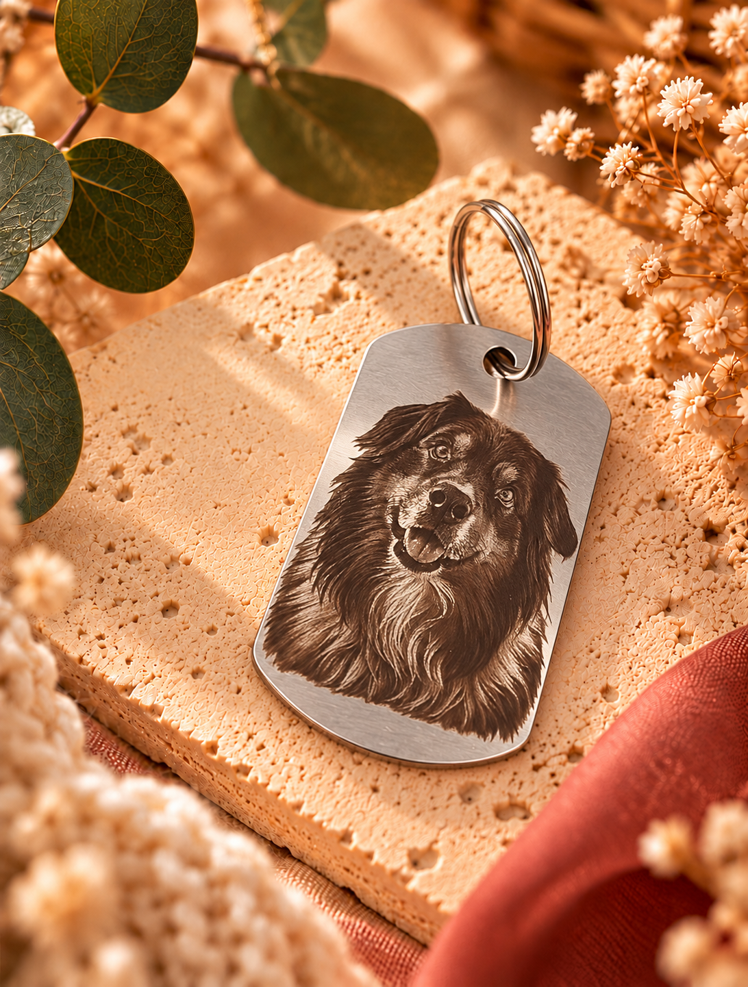 Porte-clé personnalisé en acier inoxydable avec photo de chien gravée au laser, présenté sur une pierre naturelle avec des fleurs séchées – Dénésis. Copier
