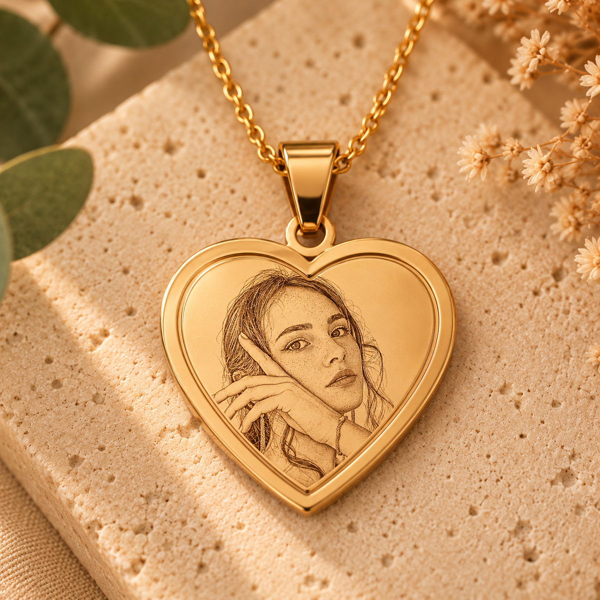 Collier cœur doré personnalisé avec portrait photo gravé