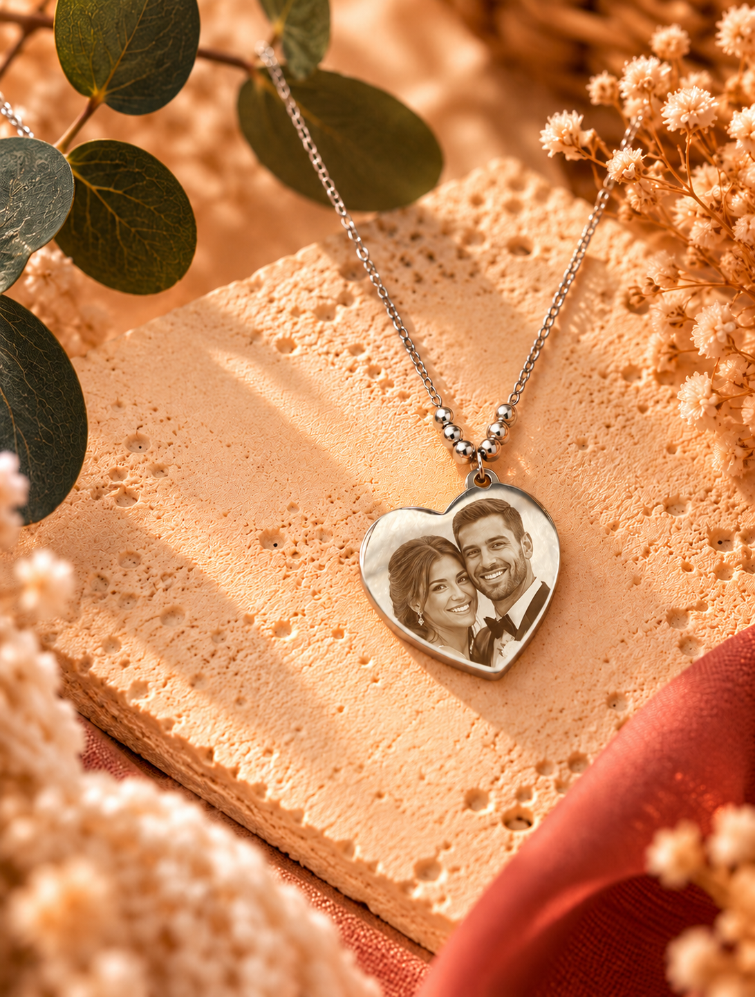 Collier cœur argenté personnalisé avec gravure photo d’un couple sur pendentif en acier inoxydable, présenté sur une pierre beige avec fleurs séchées – Atelier Dénésis.