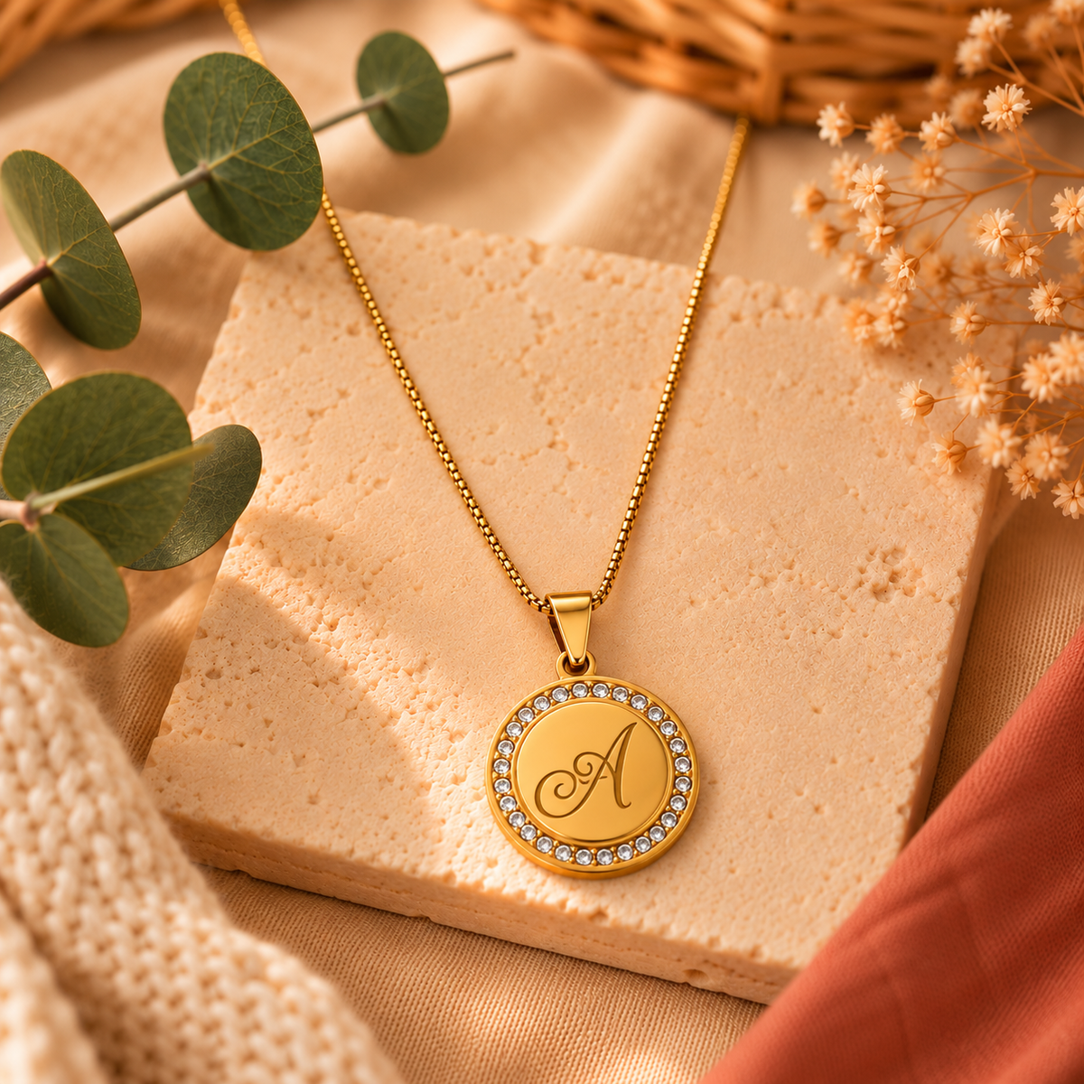 Collier médaillon rond doré à strass personnalisé avec une initiale gravée
