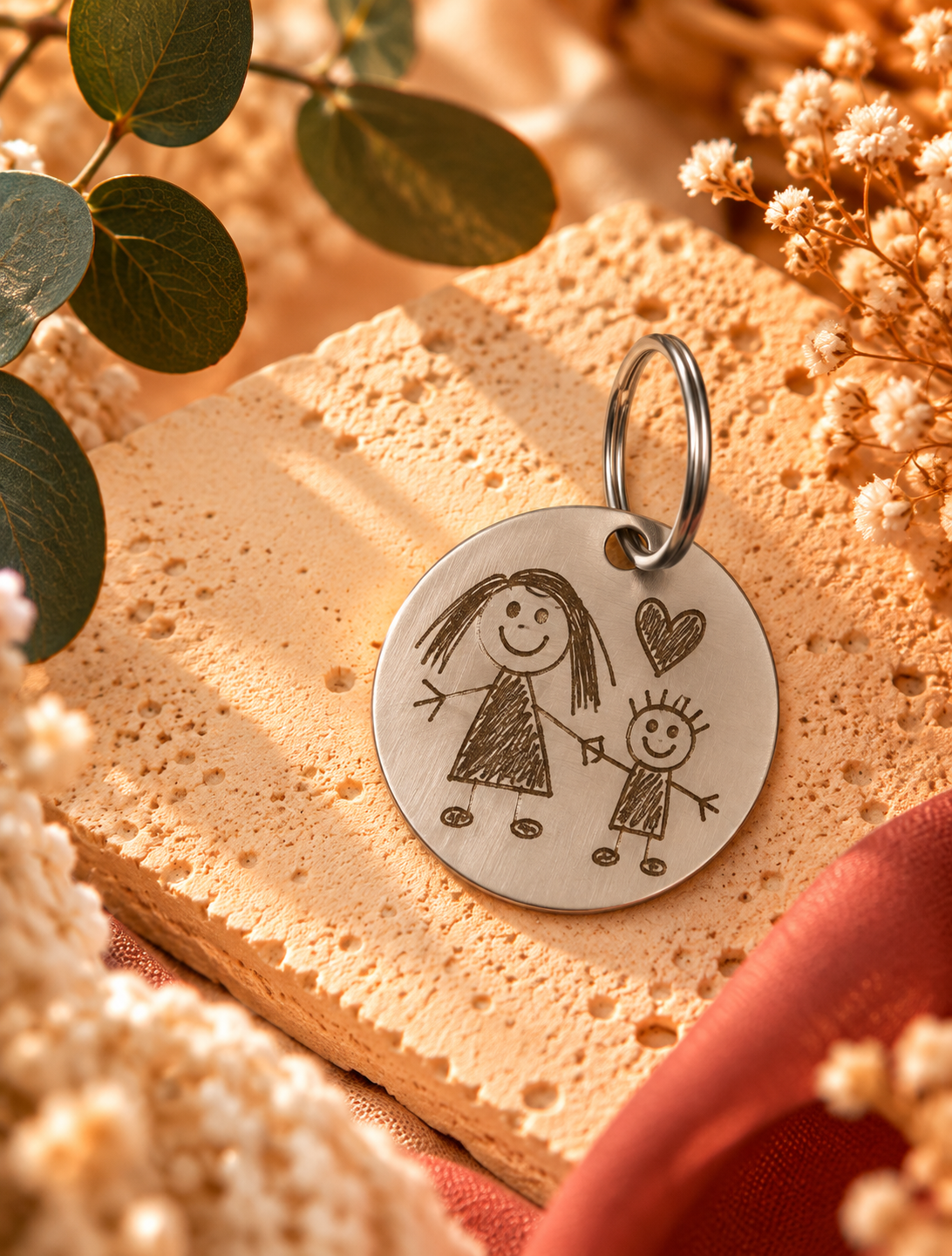 Porte-clé rond personnalisé en acier inoxydable avec gravure d'un dessin d'enfant représentant une maman et son enfant, accompagné d'un cœur. Cadeau souvenir unique – Dénésis.