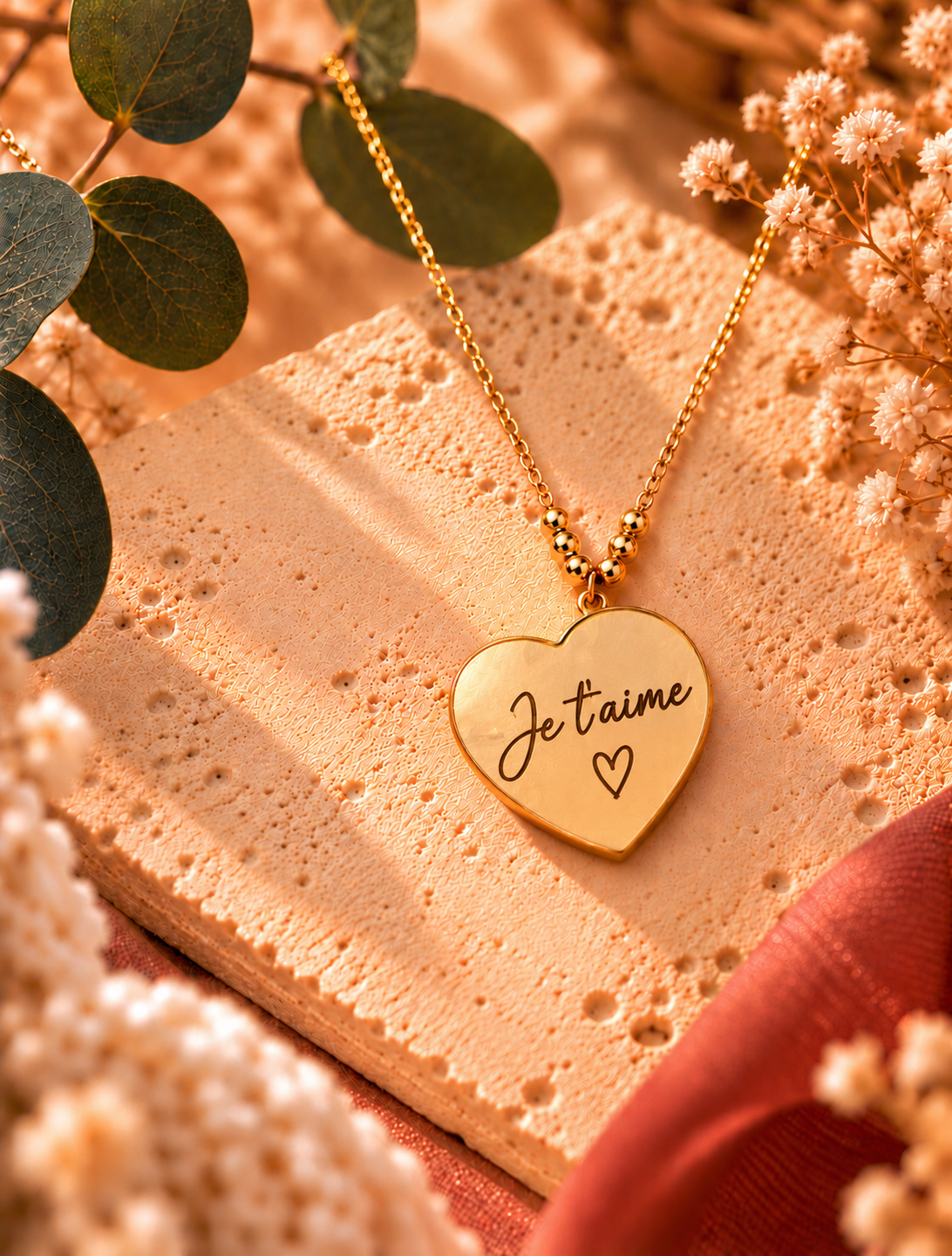 Collier cœur doré personnalisé avec gravure « Je t’aime » sur pendentif, présenté sur une pierre beige avec fleurs séchées – Atelier Dénésis.