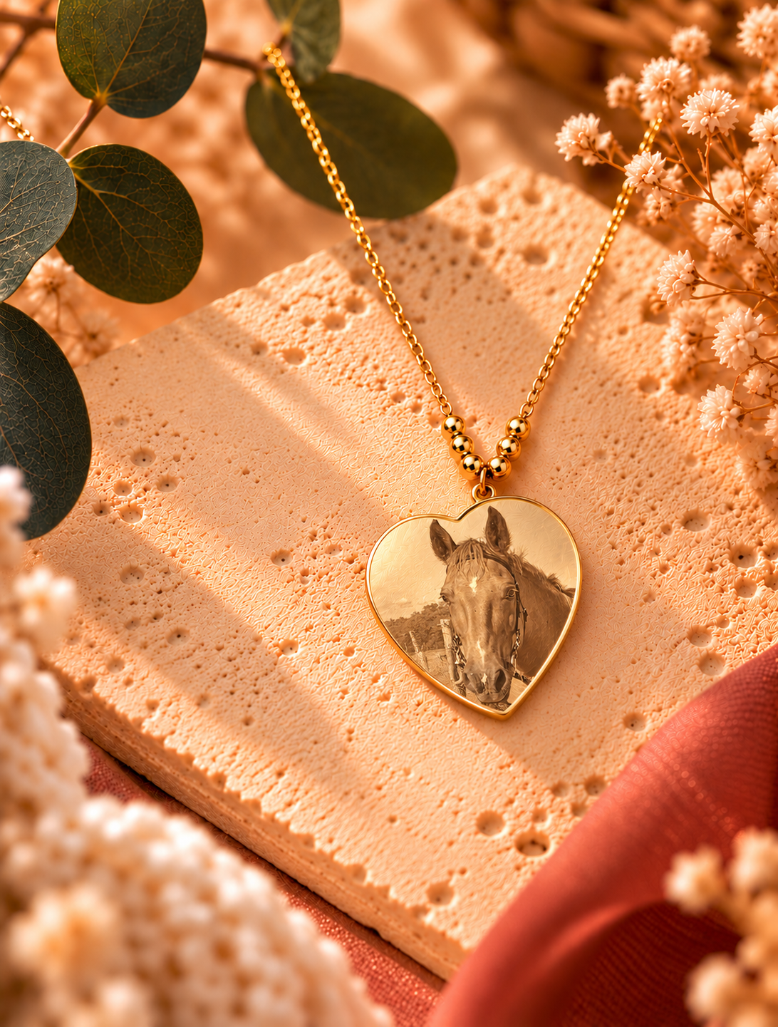 Collier cœur doré personnalisé avec gravure photo d’un cheval sur pendentif en acier inoxydable, présenté sur une pierre beige avec fleurs séchées – Atelier Dénésis.