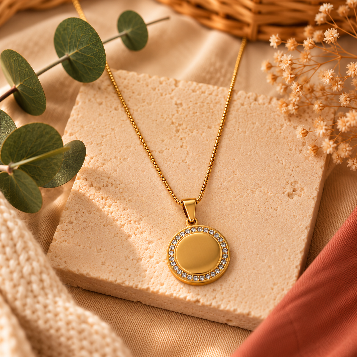 Collier médaillon rond doré à strass
