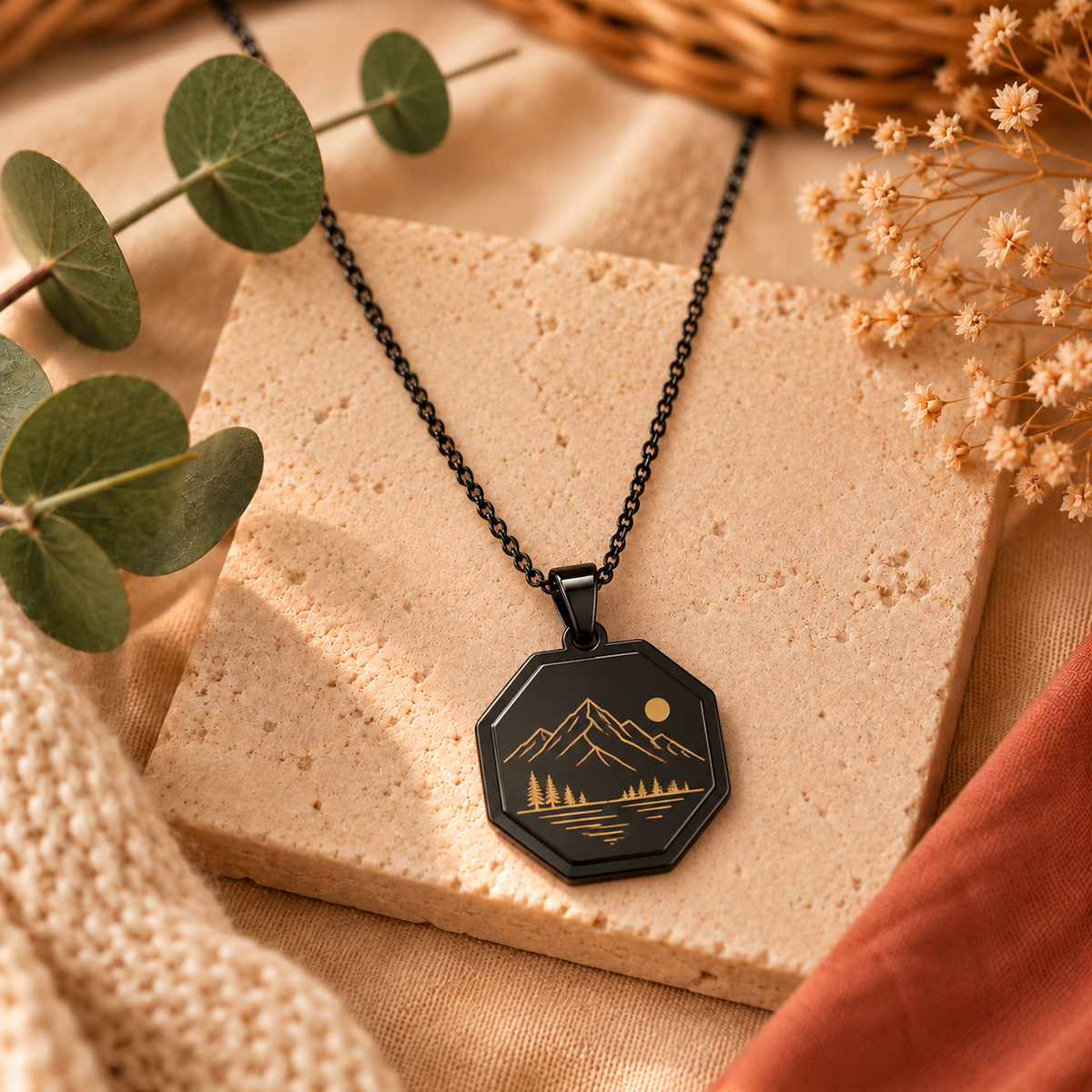Collier octogonal noir personnalisé avec gravure montagne dorée
